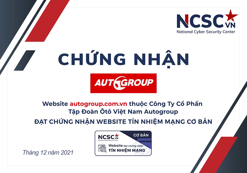 Công bố | Cty CP Tập Đoàn Ôtô Việt Nam Autogroup đã đạt chứng nhận Website Tín nhiệm mạng cơ bản